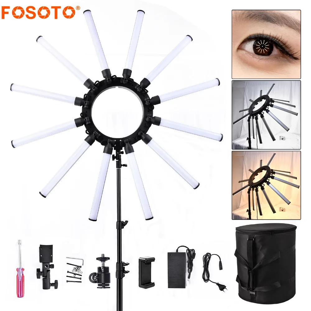 Koop Fosoto TL 1800S Fotografische Verlichting Dimbare 3200 5600 k 12 Buizen 672 Leds Camera Photo Studio Telefoon Fotografie licht Lamp