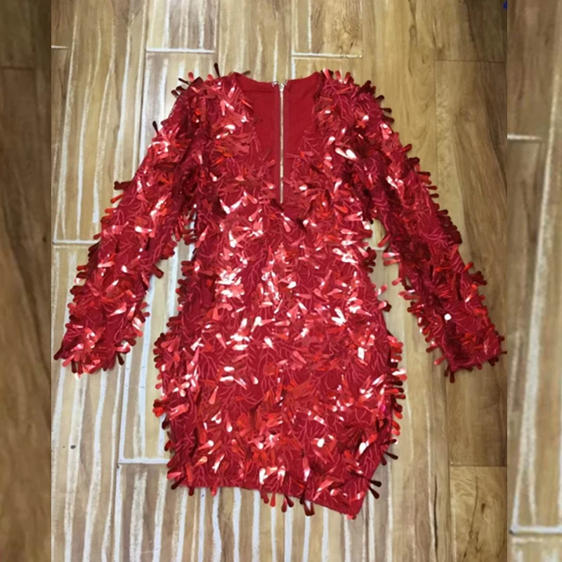 Элегантное красное платье с блестками, длинный рукав, v-образный вырез, сексуальное женское шикарное Новое модное однотонное клубное мини-платье на молнии, Vestidos festa