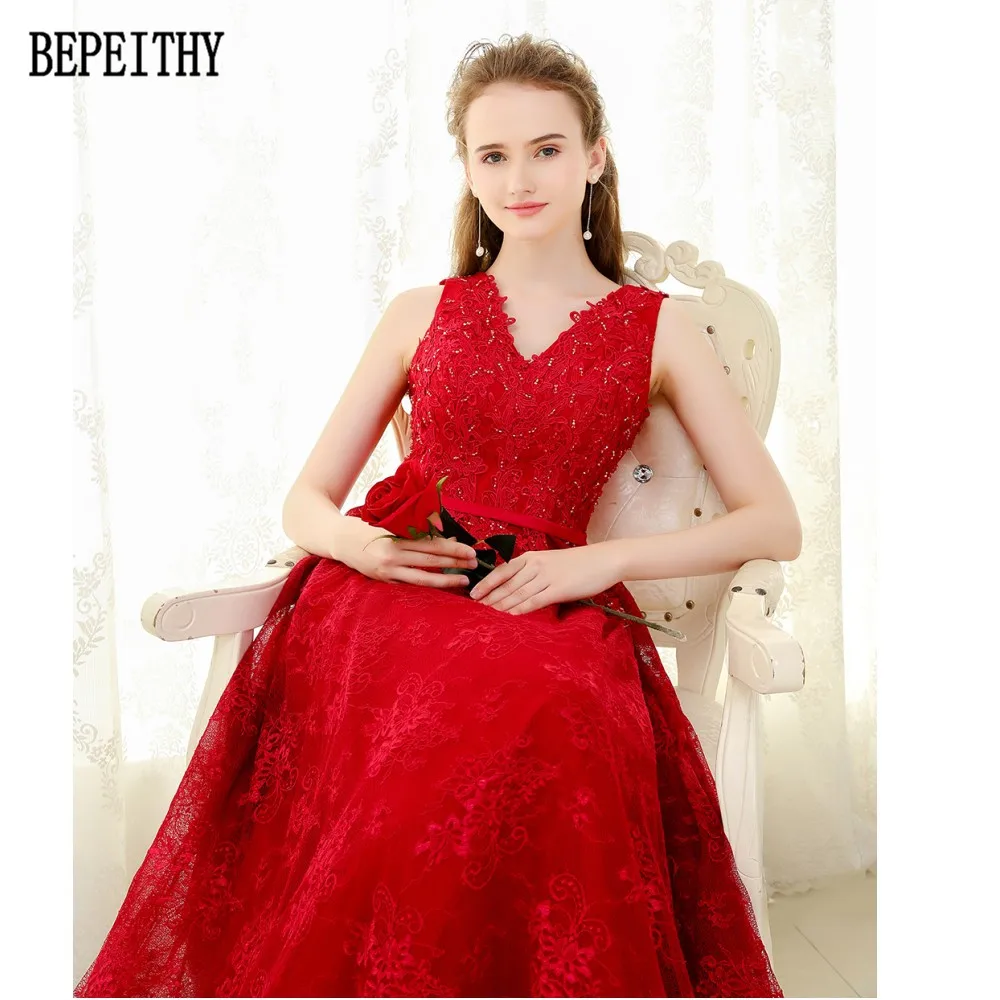 21   BEPEITHY New Arrival Vestido De Festa Robe De Soiree V-Neck Red Lace Appliques Party Elegant A-Line Long Evening Dresses 2017 (6)