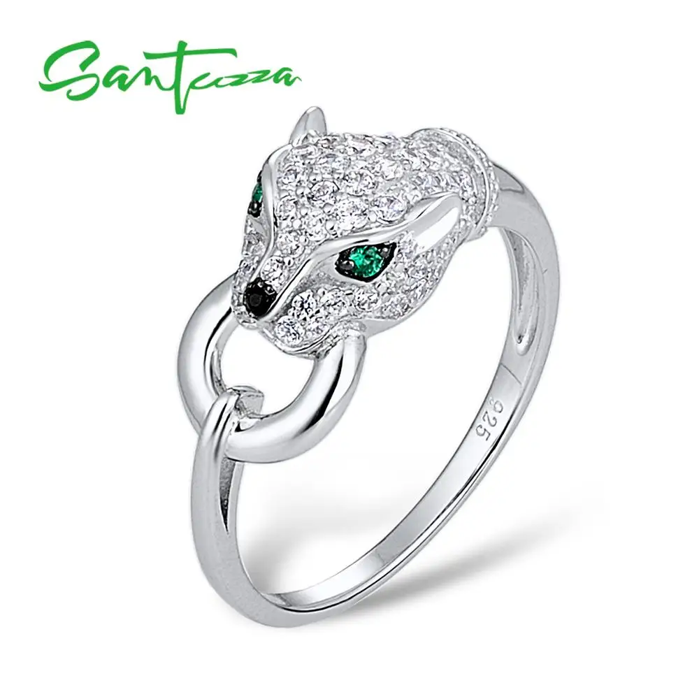 SANTUZZA 925 Sterling Silver Ring For Women Green Spinel White Cubic Zirconia Leopard Panther Rings Party Trendy Fine Jewelry