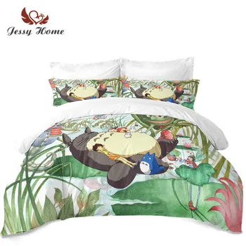 

3Pcs Cartoon Totoro Bedding Set Green Natural Scenery Print Duvet Cover Set Kids Bedclothes Twin Full Queen King Pillowcase D35