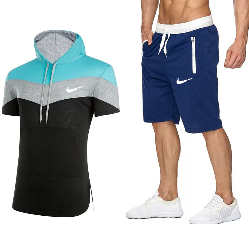 

2019 Nova Marca Impresso Duas Peзas Set manga curta hoodies +Shorts Para Fitness Treinamento de Corrida Terno