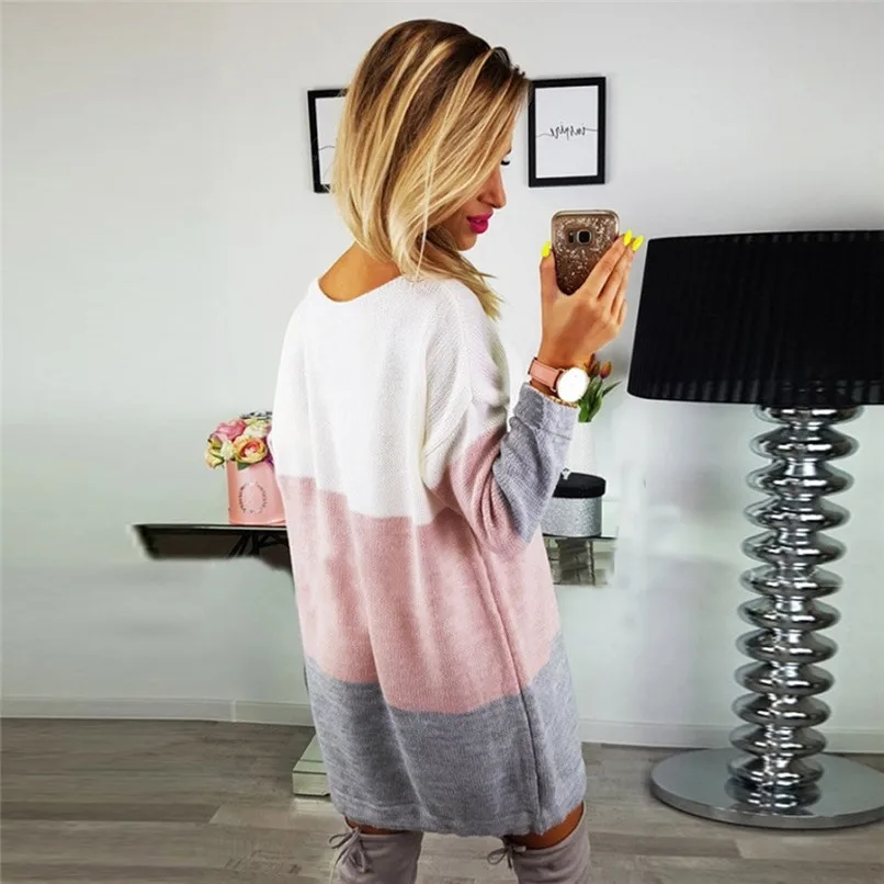 Womens Sweater Dress Ladies O Collar Knitted Casual Striped Loose Dress Long Sleeve Party Dress Vestidos Feminin #F#40SP27 0