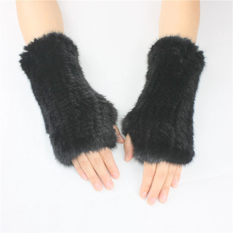 New Women's Real Genuine Knitted Mink Fur Long Fingerless Gloves Mittens Black