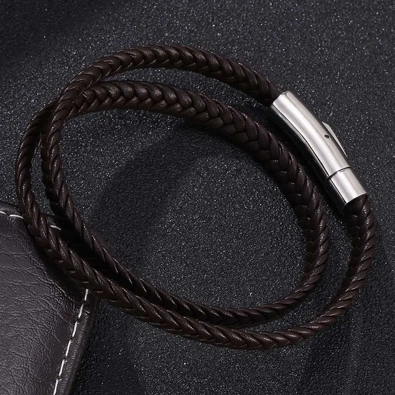 Модный коричневый кожаный мужской браслет с застежкой из нержавеющей стали, многослойный Плетеный Кожаный браслет с цепочкой, мужской браслет на запястье, винтажный подарок, PW741