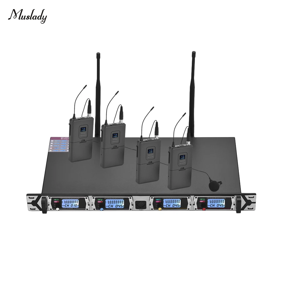 

Muslady D4-1 Professional 4-Channel UHF Wireless Microphone System Includes 4 Lapel Microphones with Bodypack Transmitters