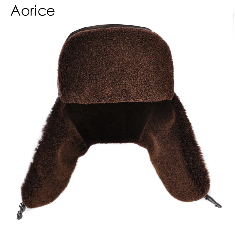 

HL174-F genuine leather men's Bomber hats with earlflap Russian winter Faux fur Earmuffs caps brown black colors