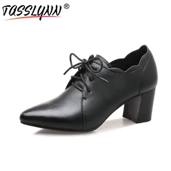 

TASSLYNN 2019 British Style Spring Casual Shoes Pointed Toe Hoof High Heels Women Pumps Lace Up Fashion Shoes Black Size 34-43