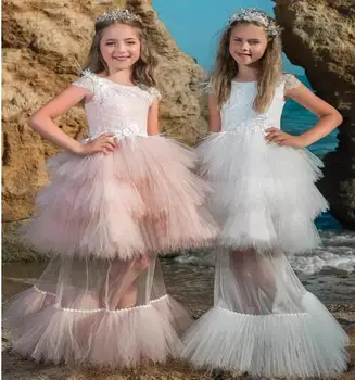 

High Quality Girls Pageant Gown Flower Girl Dress Lace Feather Corset Glitz Fluffy Tulle Little Girls Birthday Party Gown