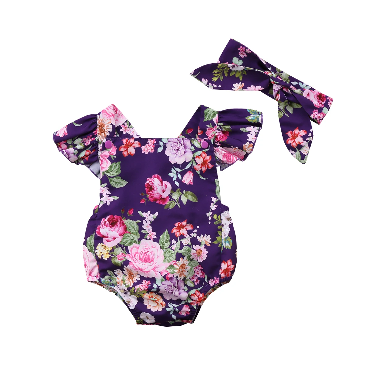 Purple Flower Baby Bodysuits Headband Infant Newborn Baby Girl Floral