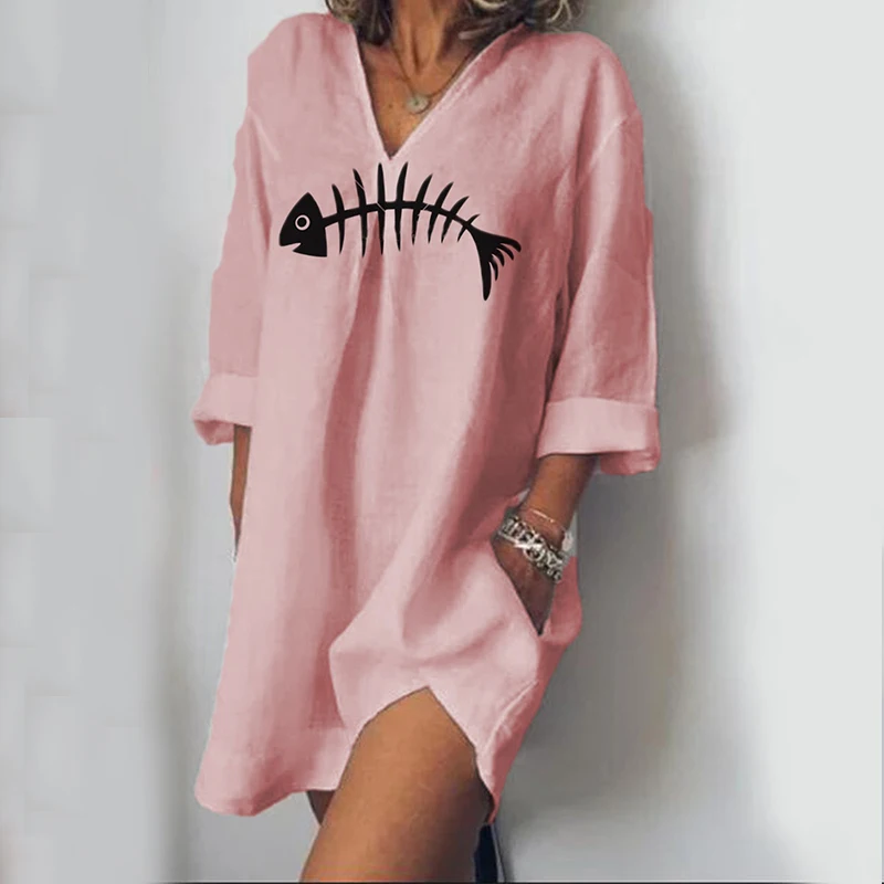 

2019 New spring omen Clothing Dress Casual Loose Fishbone Printed V-Neck Long Sleeve Style T-shirt Dress Vestido