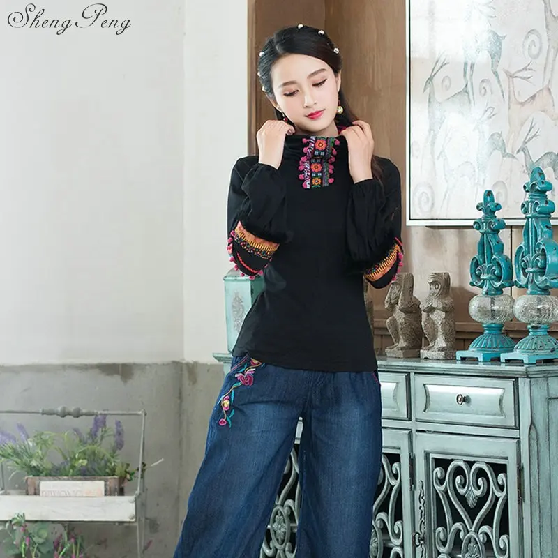 Cheongsam Топ Традиционный китайский костюм для женщин с длинным рукавом плюс размеры 5XL рубашка Хлопок Винтаж костюмы футболка Блузка Q663