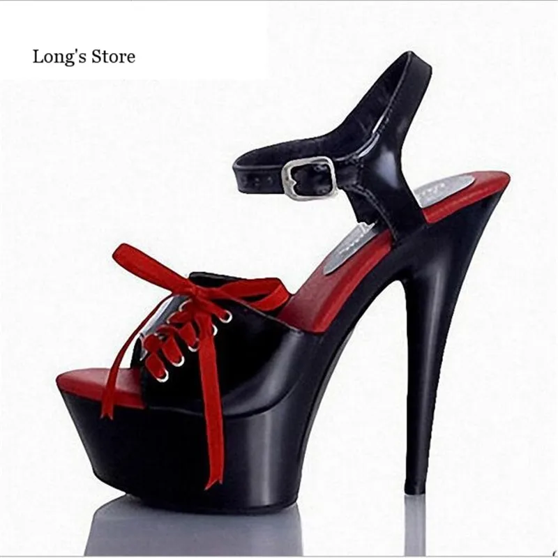 ФОТО Crossdress 35-45 46 SUMMER zapatos mujer Peep Toe ribbons sandals 15cm thin high heels platform sexy woman shoes wedding pumps