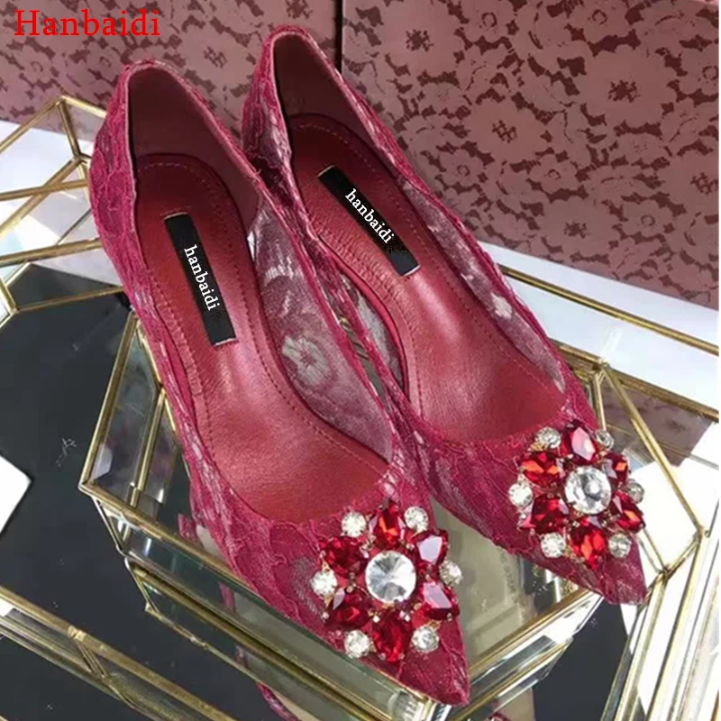 

Hanbaidi Luxury Diamond New Fashion Women Pumps Sexy Lace High Heels Pointed Toe Slip On Women Party Wedding Shoes Women Pu'm'ps