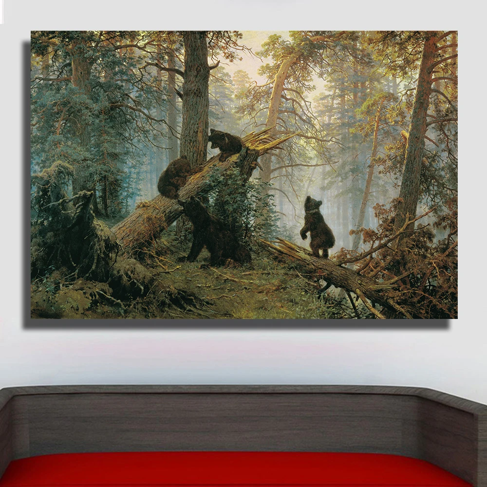 

QKART Frameless Morning in a Pine Forest Oil Painting Canvas Wall Pictures for Living Room Poster Home Decor Posters and Print