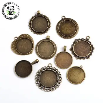 

Antique Bronze Plated Mixed Shape Alloy Pendant Cabochon Settings, Tray: 25mm; 31~43.5x28~35x1.5~3mm, Hole: 3~3.5mm