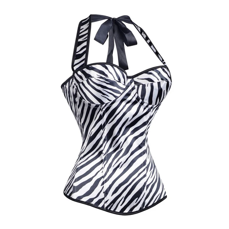 Black White Zebra-Stripe Halter Neck Zip One Side Overbust Corset Fashion Printed Lace Up Slimming Hot Shapers Roupas Femininas W497376 9.65 S-2XL (4)