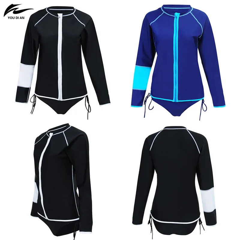 2017 New Zipper Female Long Sleeved Round Collar Swimsuits Black Blue Match Color Two-Piece Set Swimwear Beach Wear For Women | Спорт и