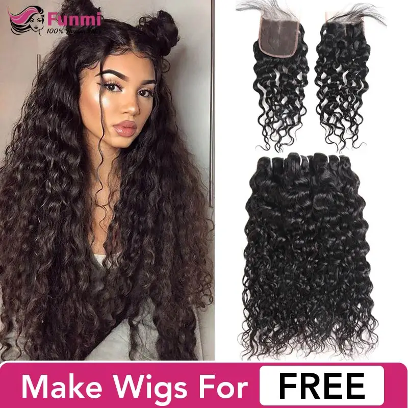 

Funmi Unprocessed Virgin Water Wave Bundles with Closure Double Drawn Virgin Hair Brazilian Hair Weave Bundles with Closure