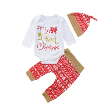 

3pcs Christmas Infant Baby Boy Girl Clothes Suit Jumpsuit Bodysuit Pants Hats Outfit Set Long Sleeve Toddler Kid Lovely Gift New