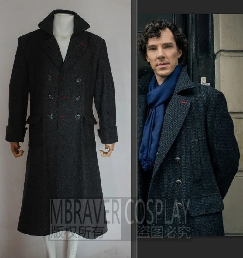 Шерлок Холмс мужской зимний длинный плащ пальто для мужчин Кино ТВ шоу Хэллоуин косплей костюм шерсть Versio