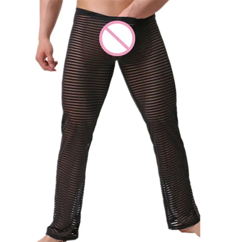 Мужские сексуальные прозрачные штаны для отдыха, пижамы для геев, забавные полосатые длинные пижамные штаны, удобные штаны для сна - Цвет: black