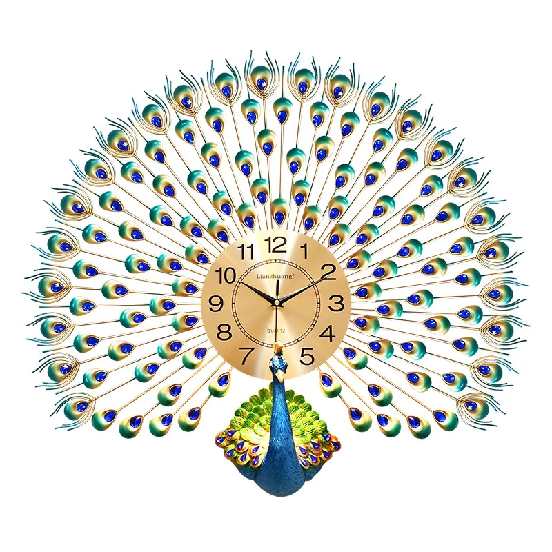 Креативные большие настенные часы ручной работы из металла с бриллиантовым павлином, Цифровые кварцевые немые часы, настенные часы, украшения, подарки