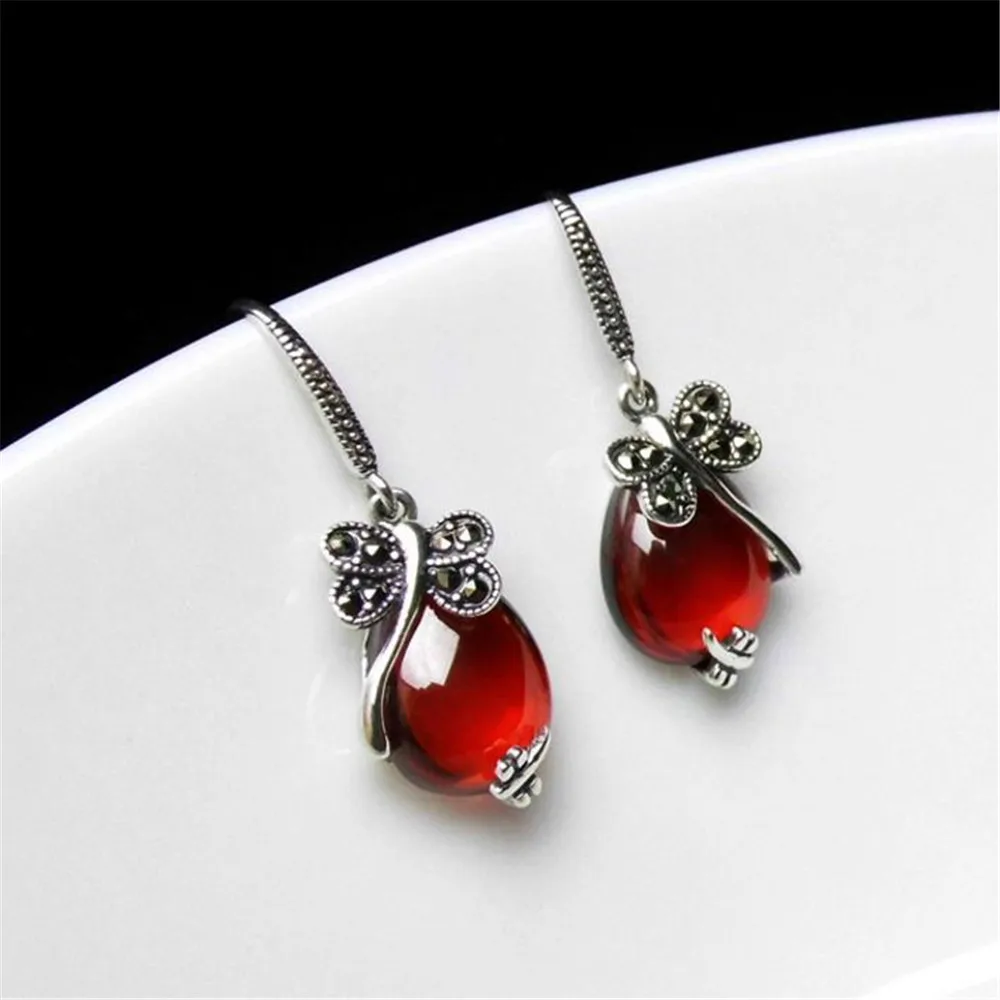 

YKNRBPH S925 Sterling Silver Agate Drop Earrings Retro Droplet shape High Quality Elegant Women's Earring Jewelry