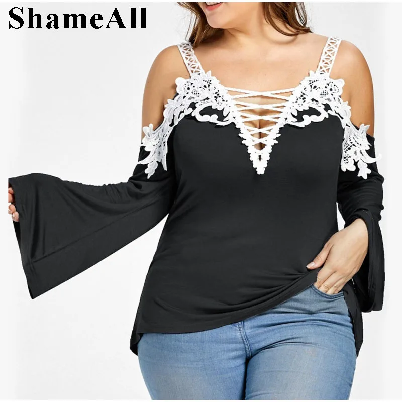 

Plus Size Lace Up Plunging T-Shirts 4Xl 5Xl Spring Autumn Deep-V Neck Lace Hollow Out Strap Long Flare Sleeve Women Sexy