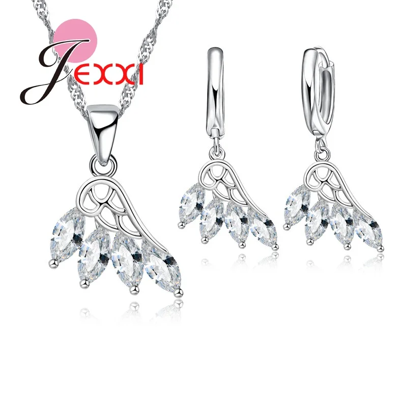 

Creative Half Angel Wing Hollow Crystal Jewelry Set Woman Stylish 925 Sterling Silver Necklace Earrings Party Gifts