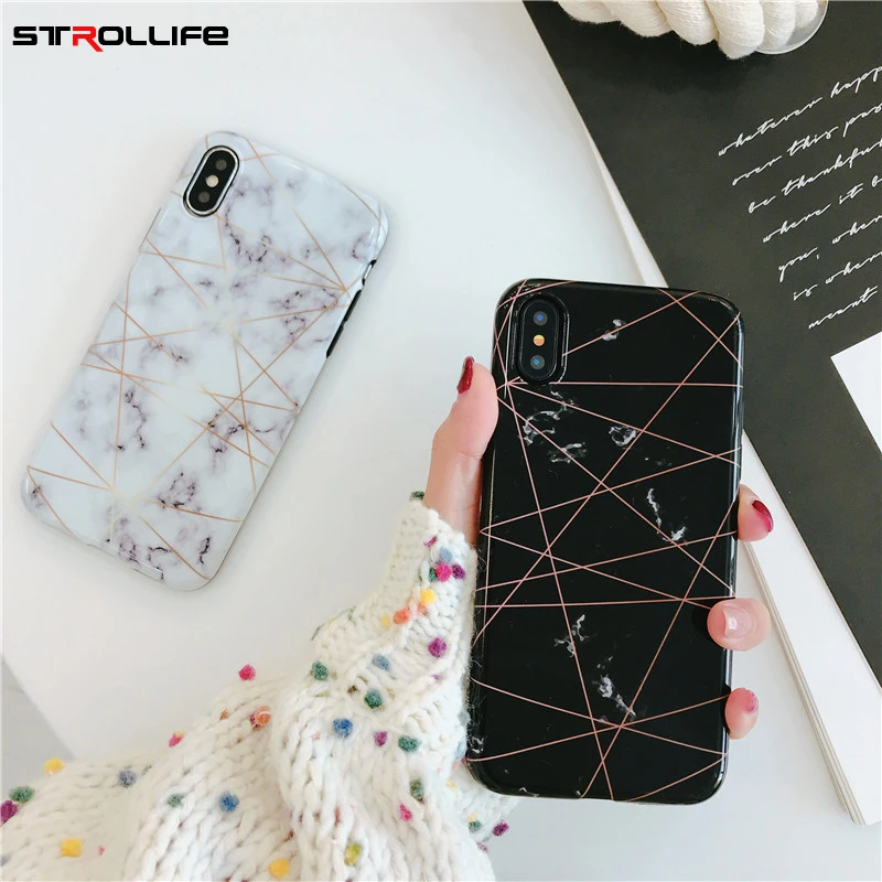 STROLLIFE Geometry lines Pattern Phone Case for iPhone X XS Max XR Retro Marble Cases IPhone 6 6s 7 8 Plus Simple Soft Cover |