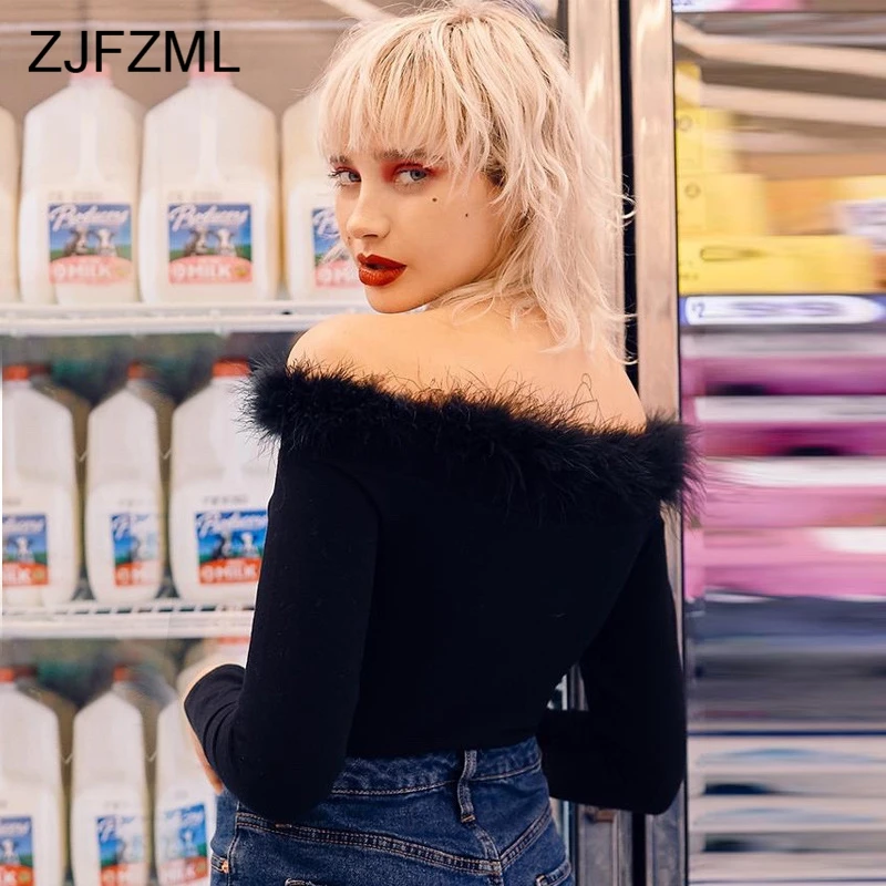 Autumn Off Shoulder Skinny Sexy Bodysuit 2018 Winter Long Sleeve Fluffy Rabbit Fur Patchwork Romper Women Black Causal Bodysuit