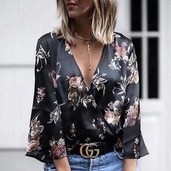 

Ladies Long Sleeve Floral Tops Shirt Women Summer Casual V-Neck Tops New Arrival Women Blouse
