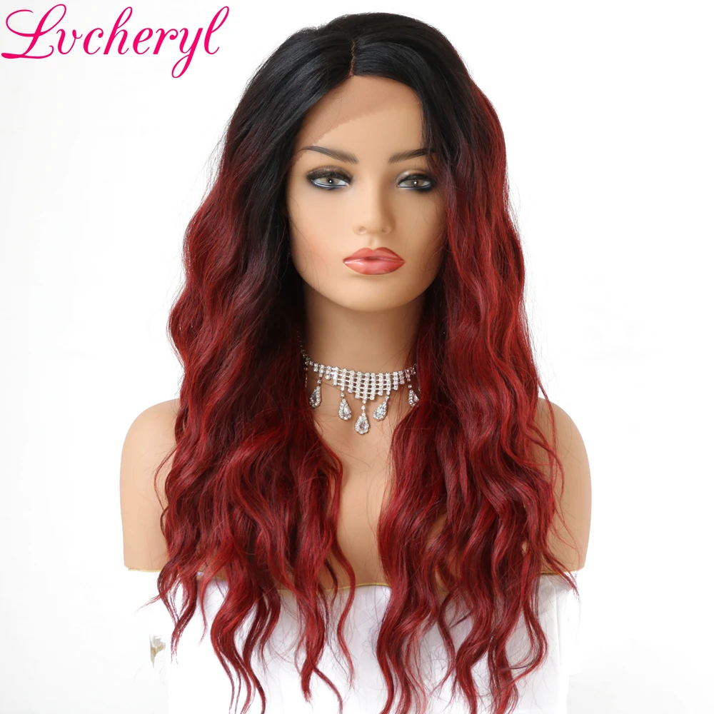 

Lvcheryl Trendy Hand Tied 2 Tone Black To Wine Red Deep L Parting Loose Wave Heat Resistant Synthetic Lace Front Wigs for Women
