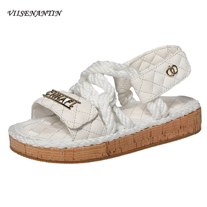 

VIISENANTIN Female Summer Sandal Shoe 2019 Black White Metal Letter Decoration Open Toe Shoe Thick Bottom Hemp Rope Casual Shoe