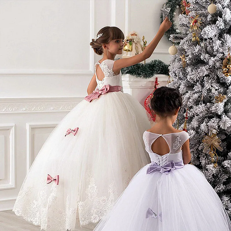 

Kids Pageant Flower Girl Dresses Fluffy Tulle Evening Gowns Lace Applique Sleeveless For Weddings First Communion Party Dresses