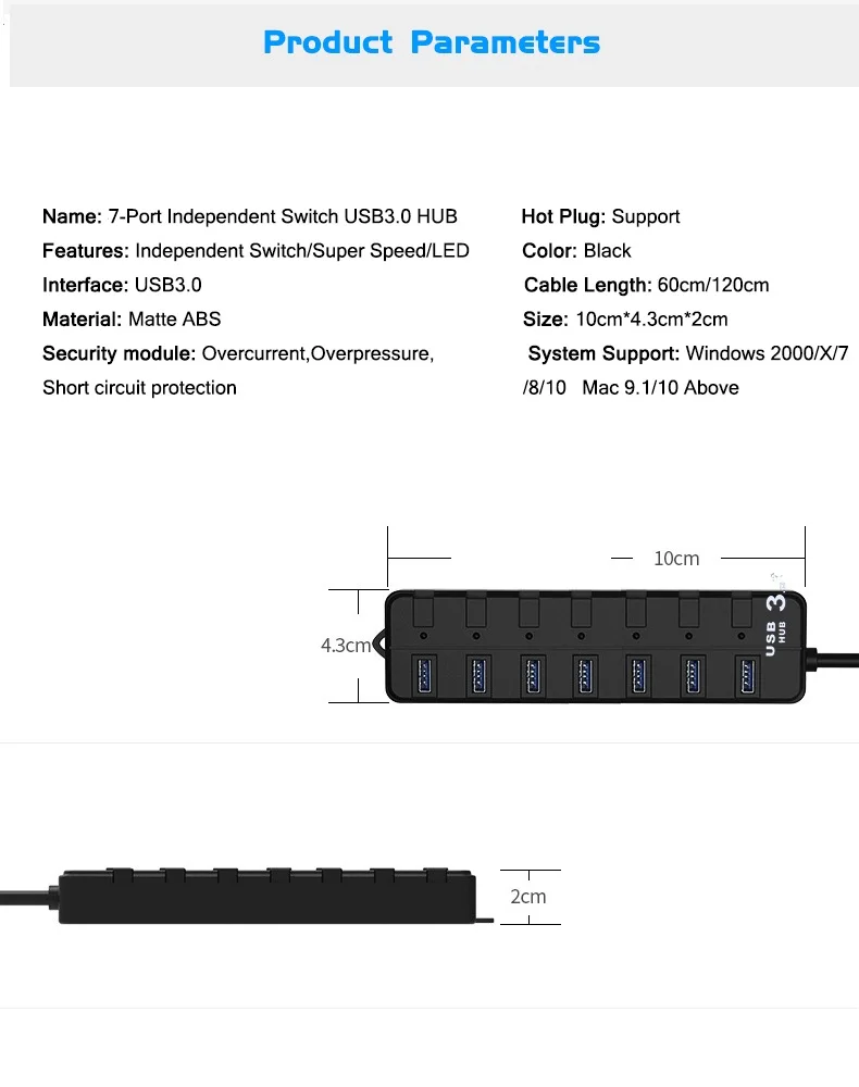 Суб-контроль переключатель 7-Порты и разъёмы USB 3,0 концентратор 60 см/120 см 5 Гбит/с супер Скорость зарядки питание мульти USB3.0 разветвитель для ноутбука, настольного компьютера