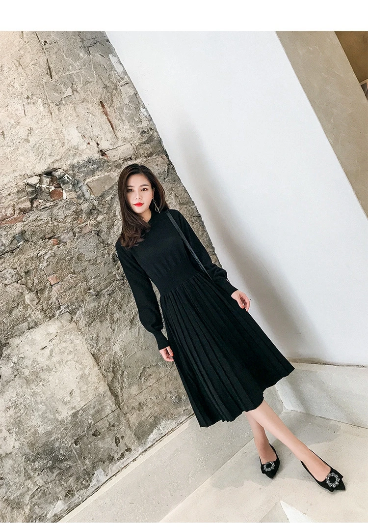 Winter Autumn Female Elegant Long Sleeve Girl Slim Dresses Vintage A-line Pleated Knitwear Knitted Sweater Dress for Women