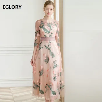 

New 2019 Spring Summer Fashion Party Wedding Women Long Dress Luxurious Embroidery Beading 3/4 Sleeve Elegant Long Maxi Dress