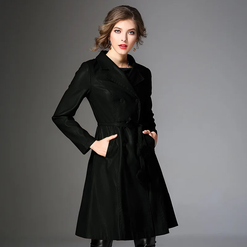 Outwear Veste Femmes Collar Pu Faux Cuir Manteaux Hiver Noir Casual Manches Turn Normcore Pleine down Mode En kaki Manteau Long vert Automne dexCoB