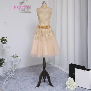 

Champagne 2019 Prom Dresses A-line High Collar Cap Sleeves Appliques Lace Ankle Length Prom Gown Evening Dresses Evening Gown