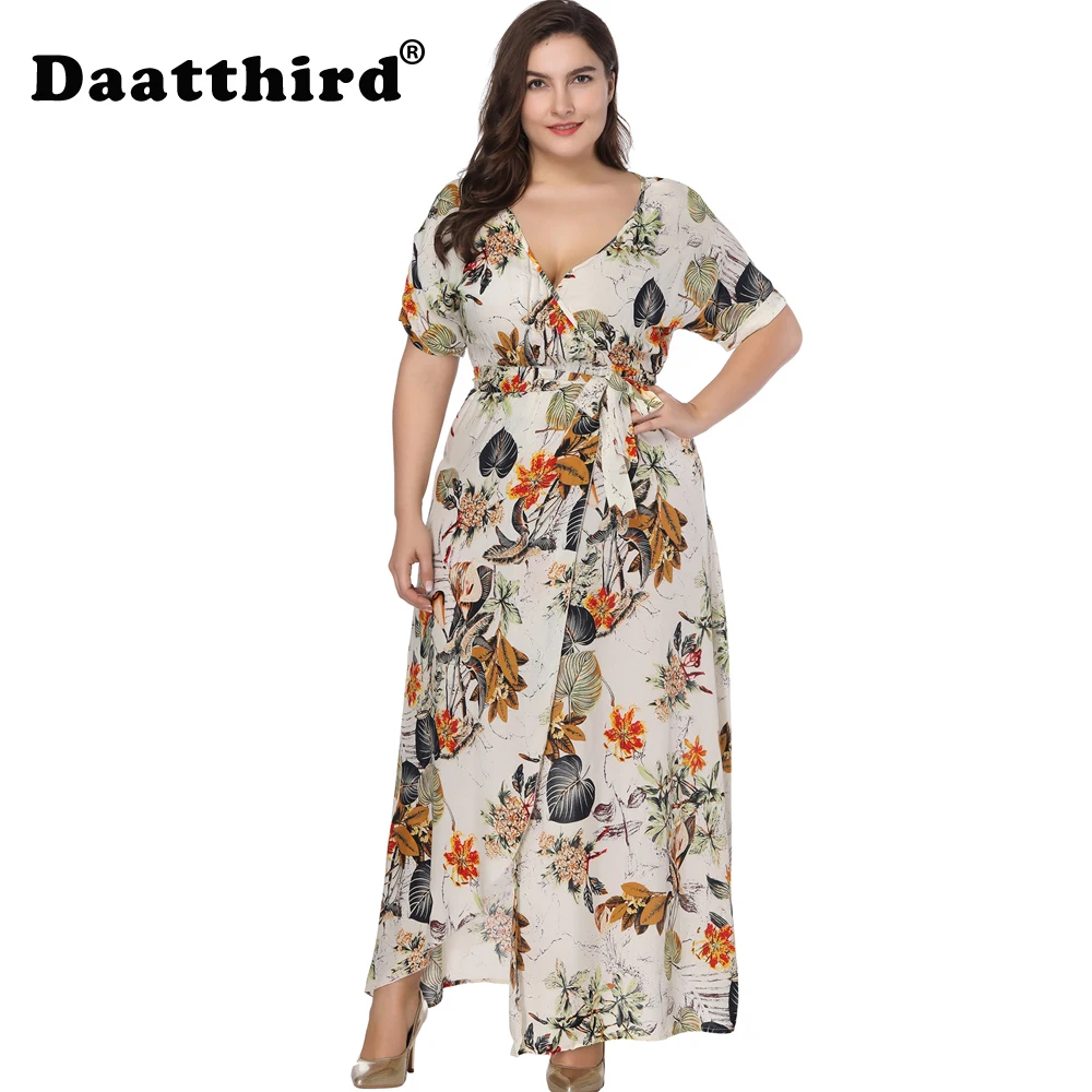 

2018 Summer Women's Boho V-Neck Floral Plus Size Holiday Beach Split Maxi Sexy Dress