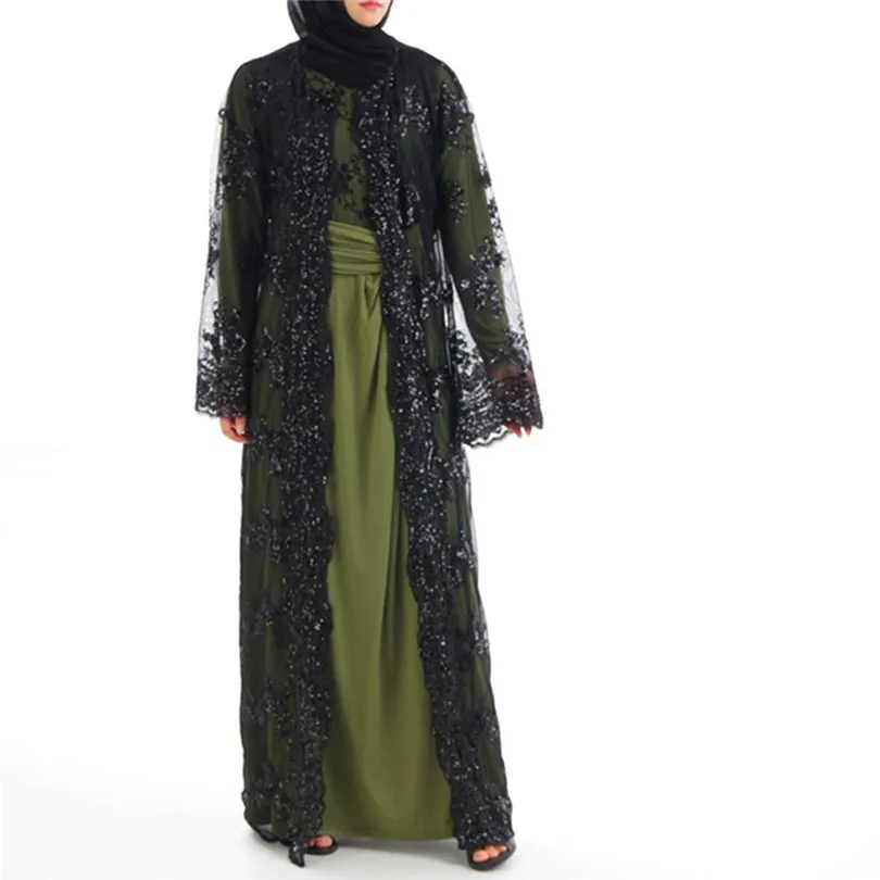New Muslim Women Summer Lace Sequin Cardigan Long Sleeve Maxi Dress Kimono Open Abaya Robe Kaftan Dubai #4F08 (10)