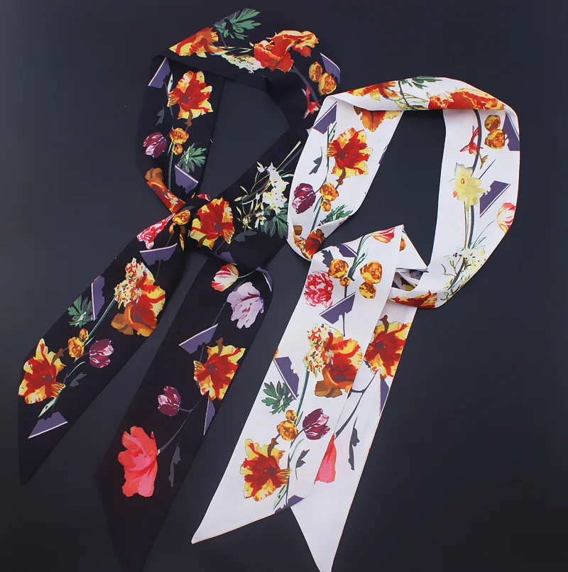 POBING 2018 Floral Print Women Silk Scarf Twill Head Scarf Brand Tie