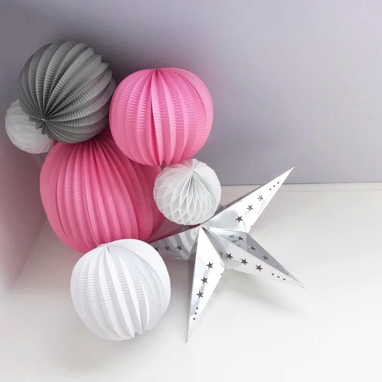 Sunbeauty 7pcs/set 19+32cm Pleated Paper Lanterns,Honeycomb Balls,Silver Star Party Decorations Background Hanging Decor