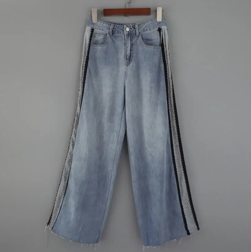 Женские джинсы с широкими штанинами, весна, bf стиль, боковая цепочка, высокая талия, прямые джинсы размера плюс - Цвет: light