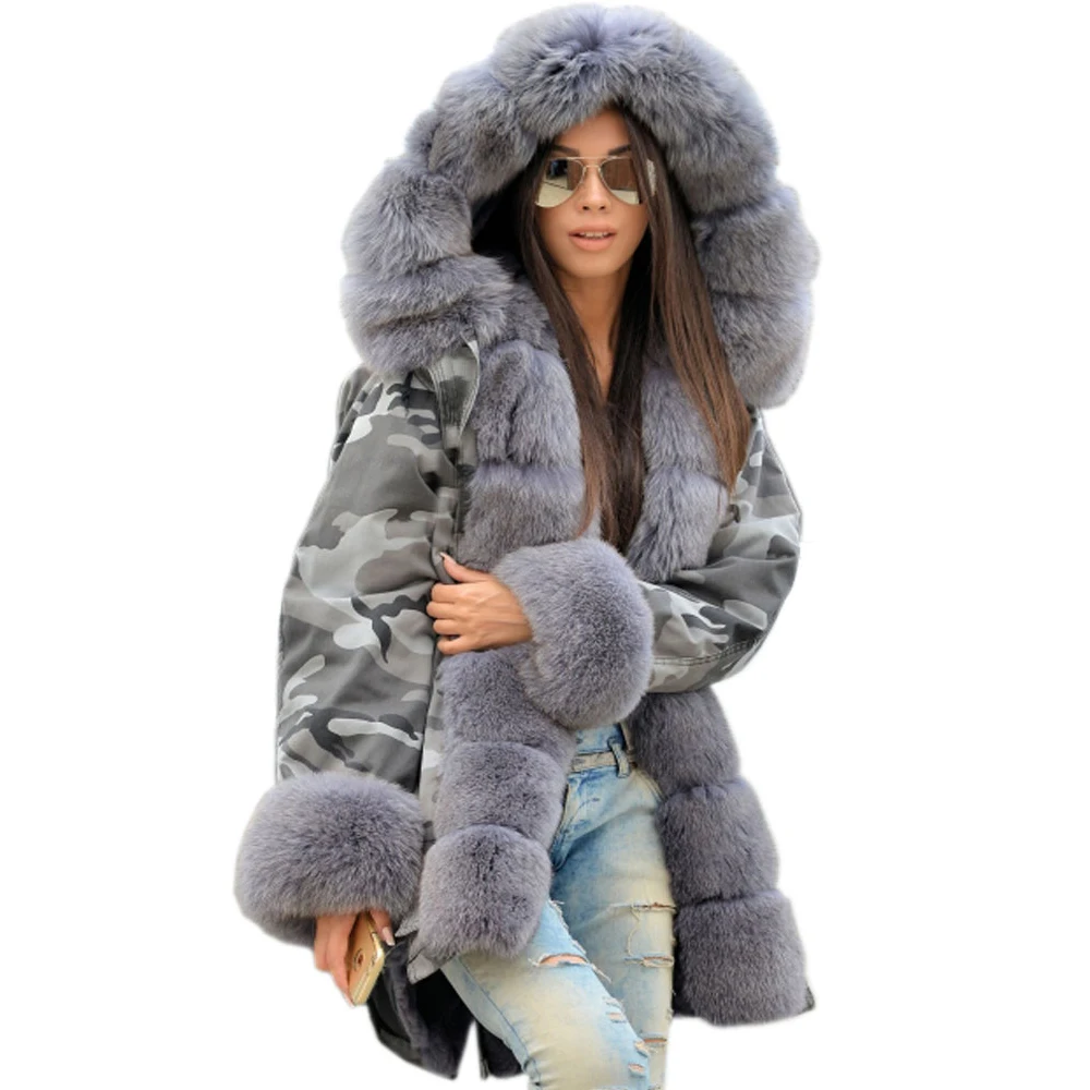Roiii 2018 Winter Coat Faux Grey Fur Button High Waist Long Sleeve Women Parka Thick and Warm Overcoat Casual S-3XL Plus Size Coats