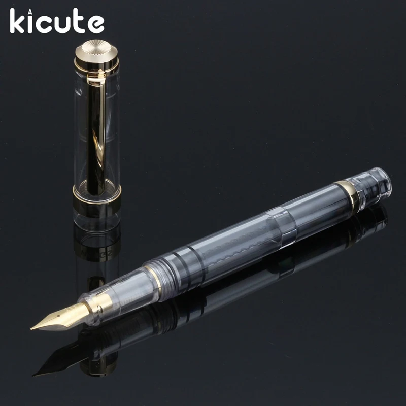 

Kicute Unique Transparent Piston Fountain Pen With Gift Box Golden Clip Softer Fine Nib 0.5mm Bussiness Office Supplies
