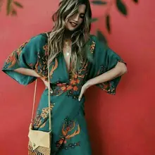 Пикантные Винтаж свободные повязки сексуальное платье с v-образным воротом, Цветочный принт Разделение зеленые ботильоны Размеры женские, с цветочным узором с круглым вырезом летнее платье в стиле бохо повседневные платья