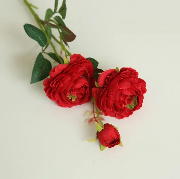 3 головки искусственных шелковых роз, свадебный букет, европейские розы, украшение дома, декор для свадебной вечеринки - Цвет: Красный